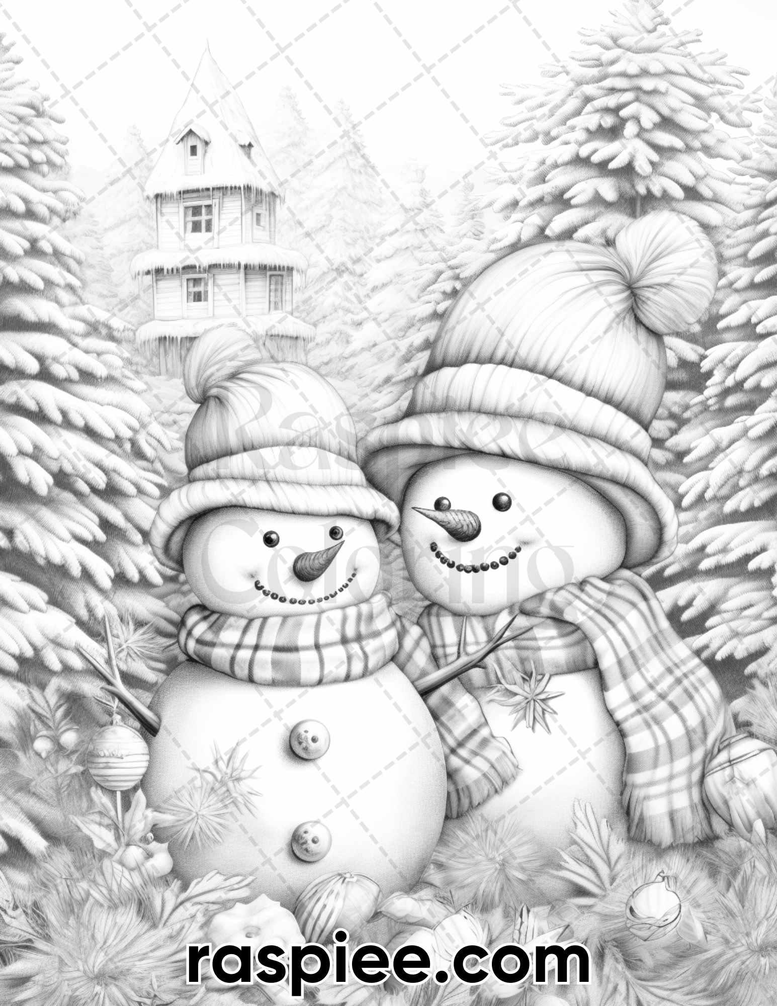 40 Chistmas Snowman Grayscale Coloring Pages for Adults, Printable PDF Instant Download