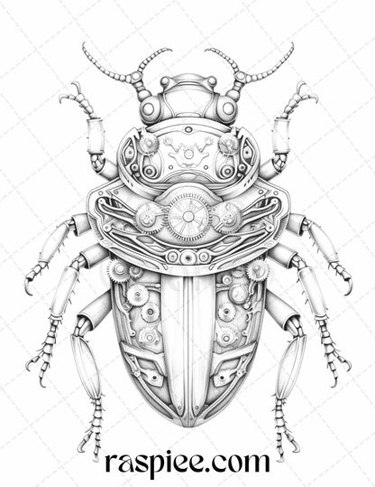 42 Steampunk Bugs Grayscale Coloring Pages Printable for Adults, PDF File Instant Download