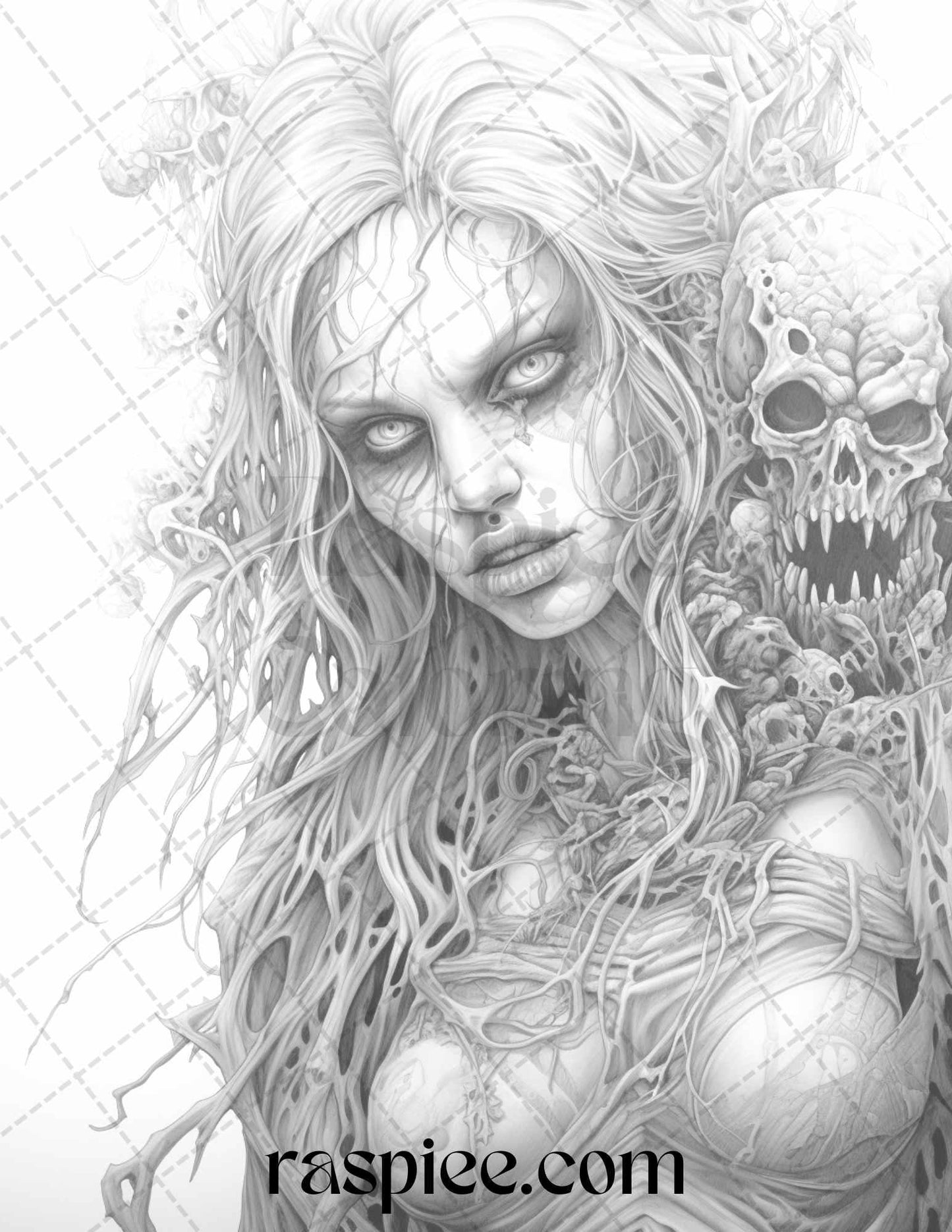 40 Scary Zombie Girls Grayscale Coloring Pages Printable for Adults, PDF File Instant Download