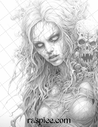 40 Scary Zombie Girls Grayscale Coloring Pages Printable for Adults, PDF File Instant Download