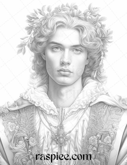 50 Baroque Man Portrait Grayscale Graysale Coloring Pages Printable for Adults, PDF File Instant Download