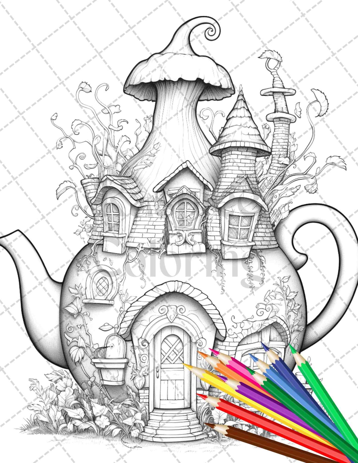 40 Teapot Fairy Houses Grayscale Coloring Pages Printable for Adults, PDF File Instant Download