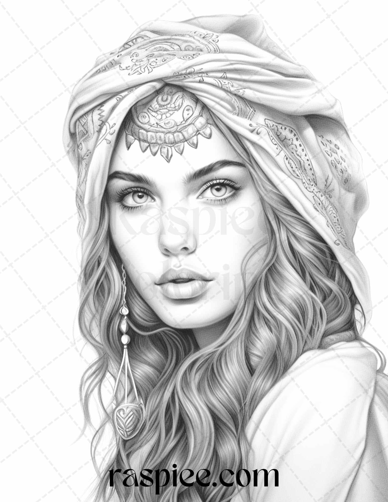 40 Beautiful Gypsy Girls Grayscale Coloring Pages Printable for Adults, PDF File Instant Download