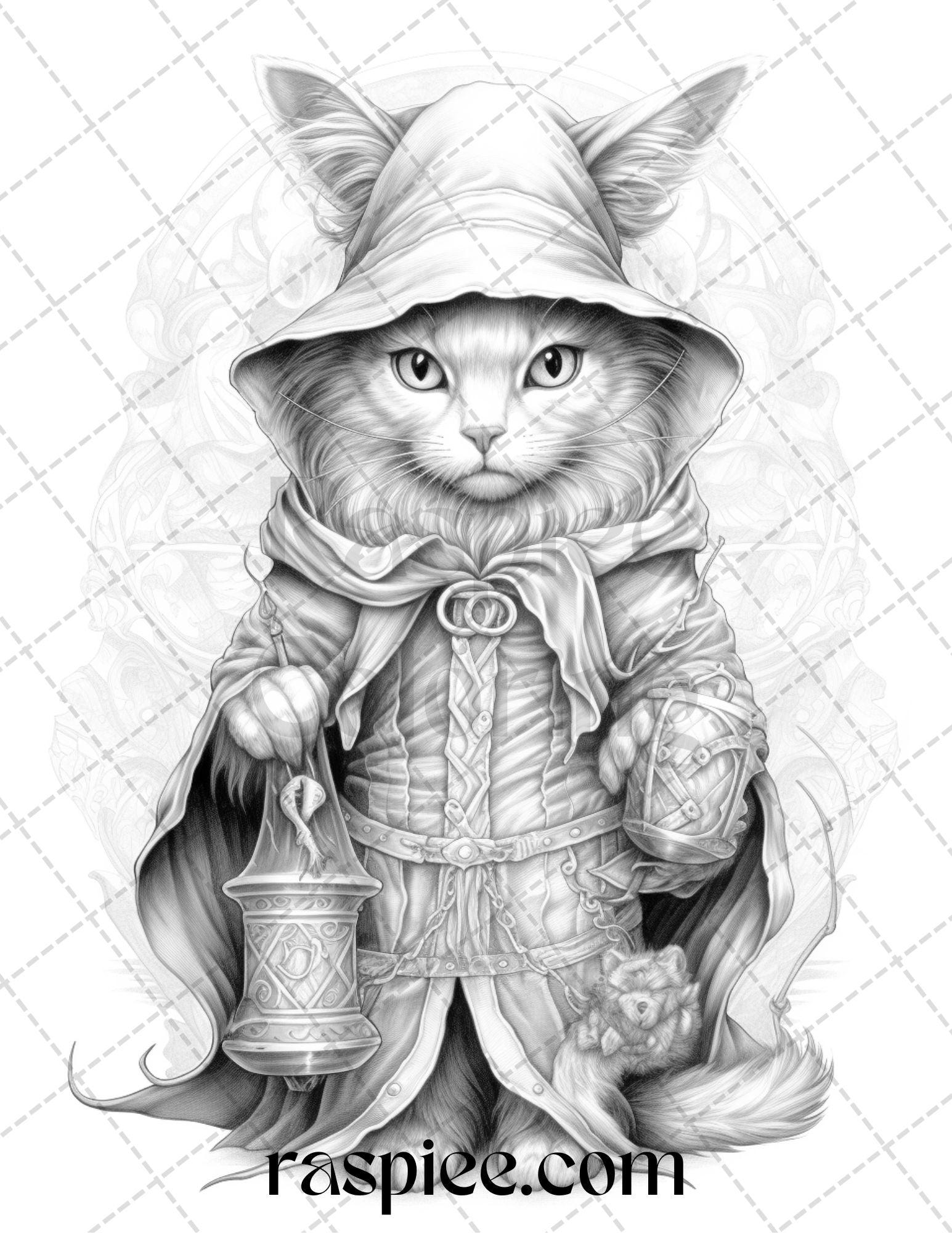 40 Halloween Witch Cat Grayscale Coloring Pages Printable for Adults, PDF File Instant Download