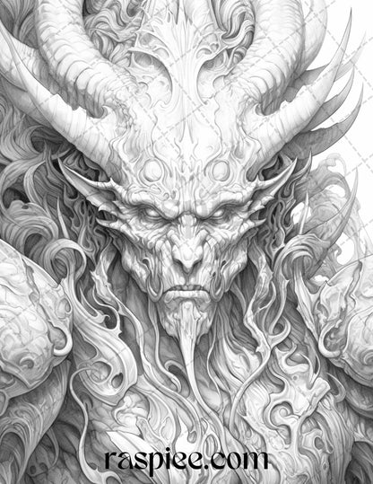 43 Fantasy Demons Grayscale Coloring Pages for Adults, Printable PDF File Instant Download