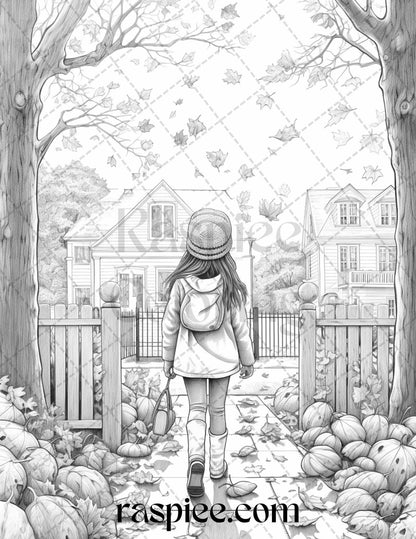 40 Rainy Autumn Day Grayscale Coloring Pages Printable for Adults and Kids, PDF File Instant Download