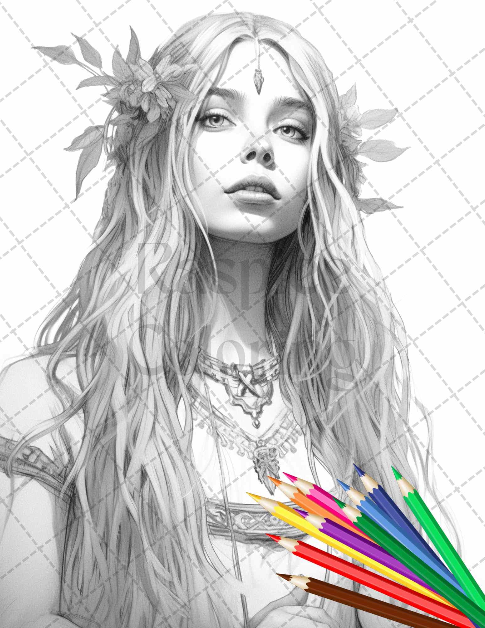 43 Beautiful Hippie Girls Grayscale Coloring Pages Printable for Adults, PDF File Instant Download