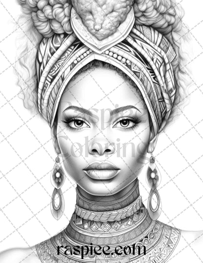 40 Beautiful African Women Grayscale Coloring Pages Printable for Adults, PDF File Instant Download