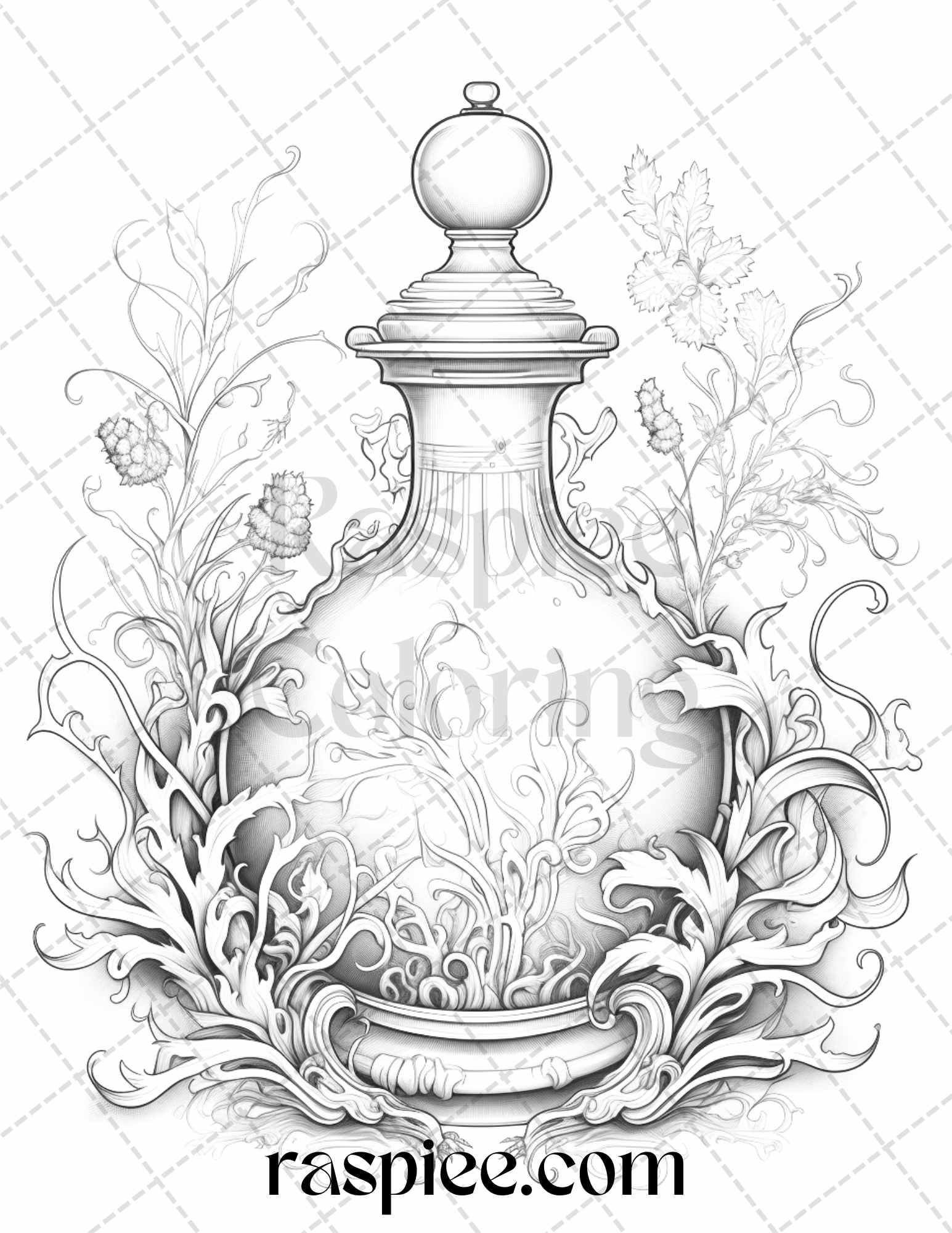 40 Mystical Magic Potions Grayscale Coloring Pages Printable for Adults, PDF File Instant Download