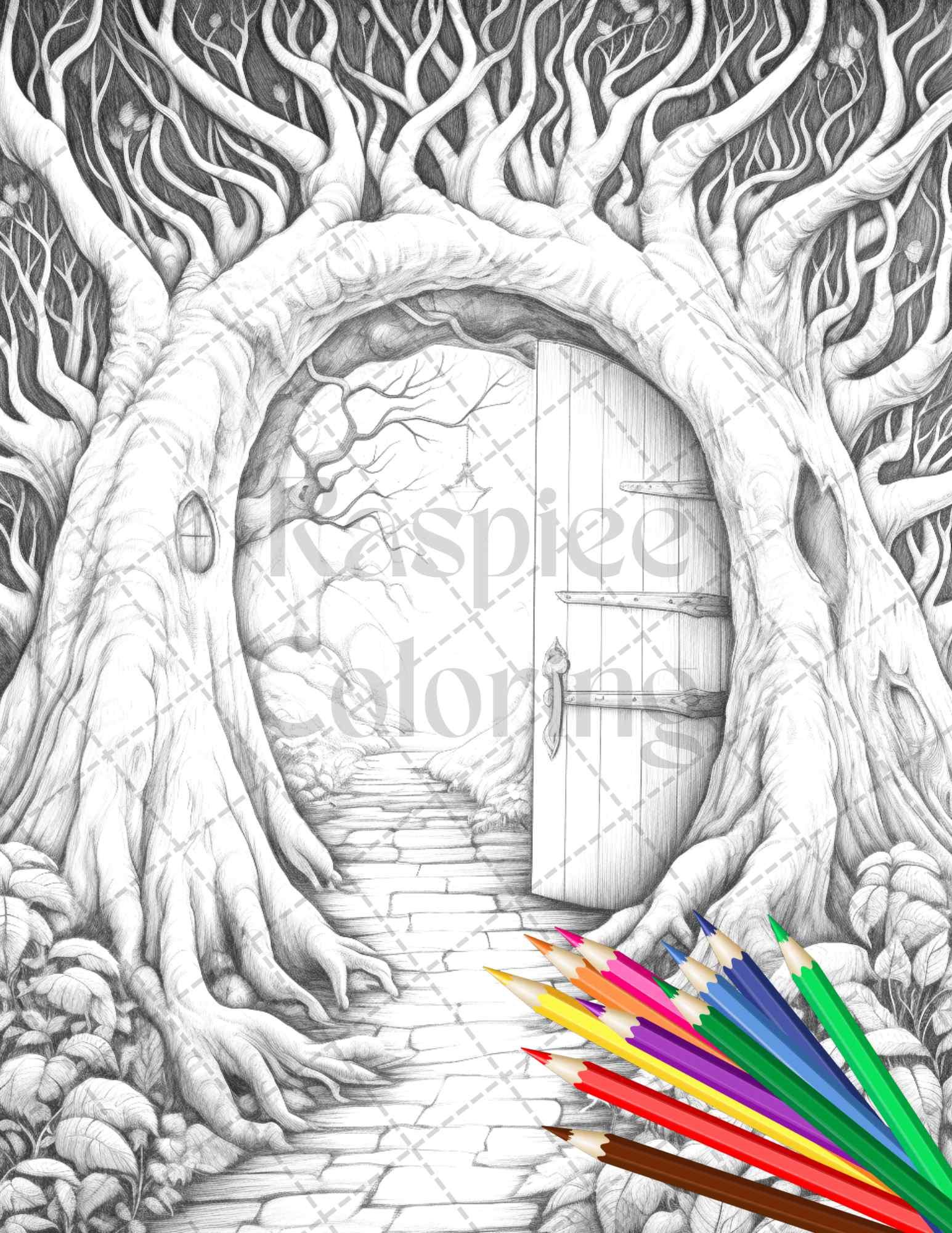 40 Magical Forest Gates Grayscale Coloring Pages Printable for Adults, PDF File Instant Download