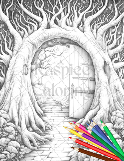 40 Magical Forest Gates Grayscale Coloring Pages Printable for Adults, PDF File Instant Download