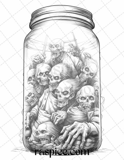 40 Halloween in Jar Grayscale Coloring Pages for Adults, Printable PDF File Instant Download