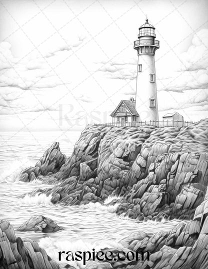 40 Majestic Lighthouses Grayscale Coloring Pages Printable for Adults, PDF File Instant Download