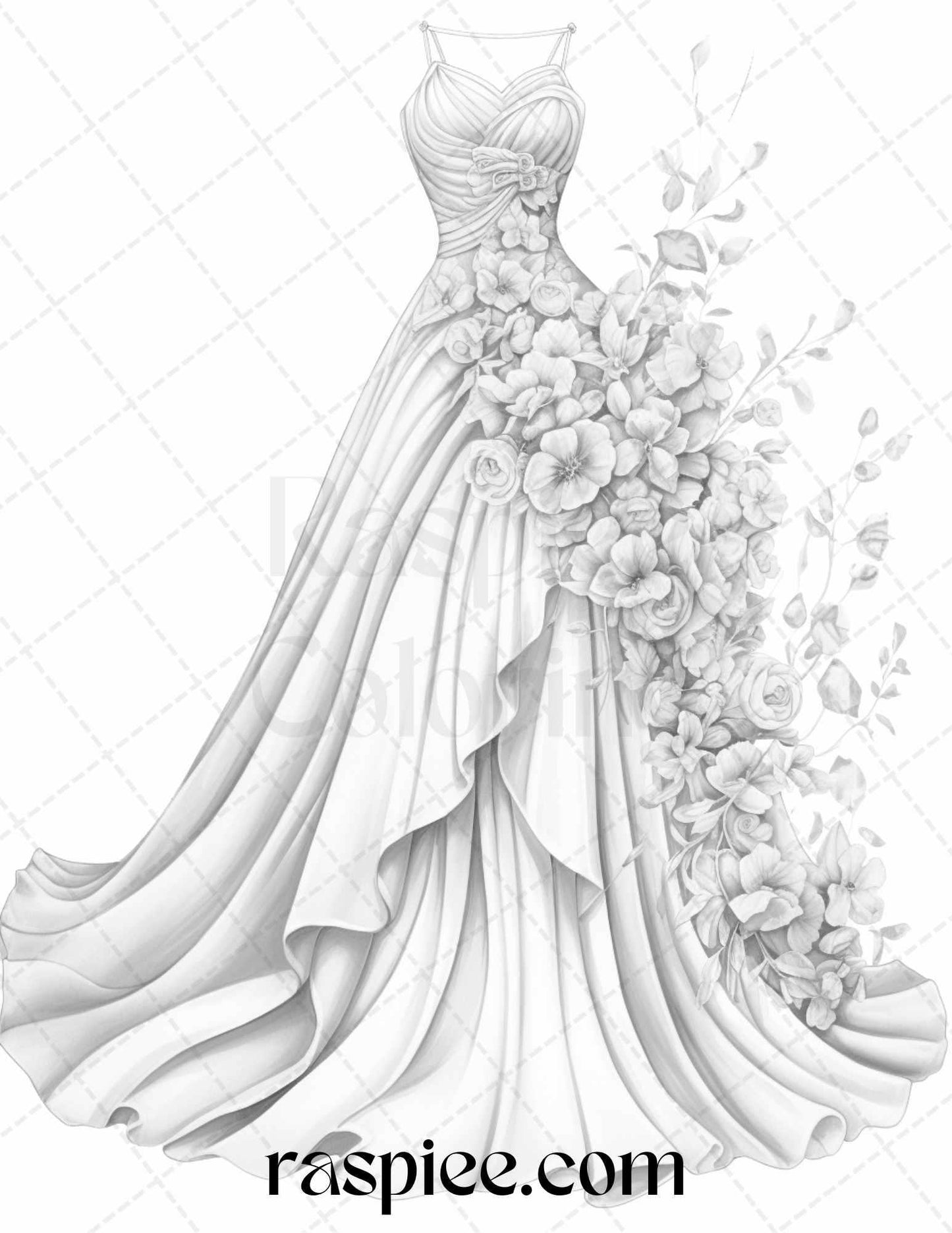 40 Elegant Floral Wedding Dresses Grayscale Coloring Pages Printable for Adults, PDF File Instant Download