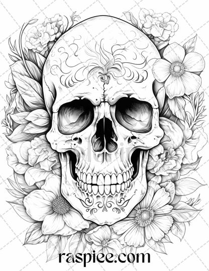 42 Floral Skull Grayscale Coloring Pages for Adults, Stress Relief Coloring Sheets, Printable PDF File Instant Download