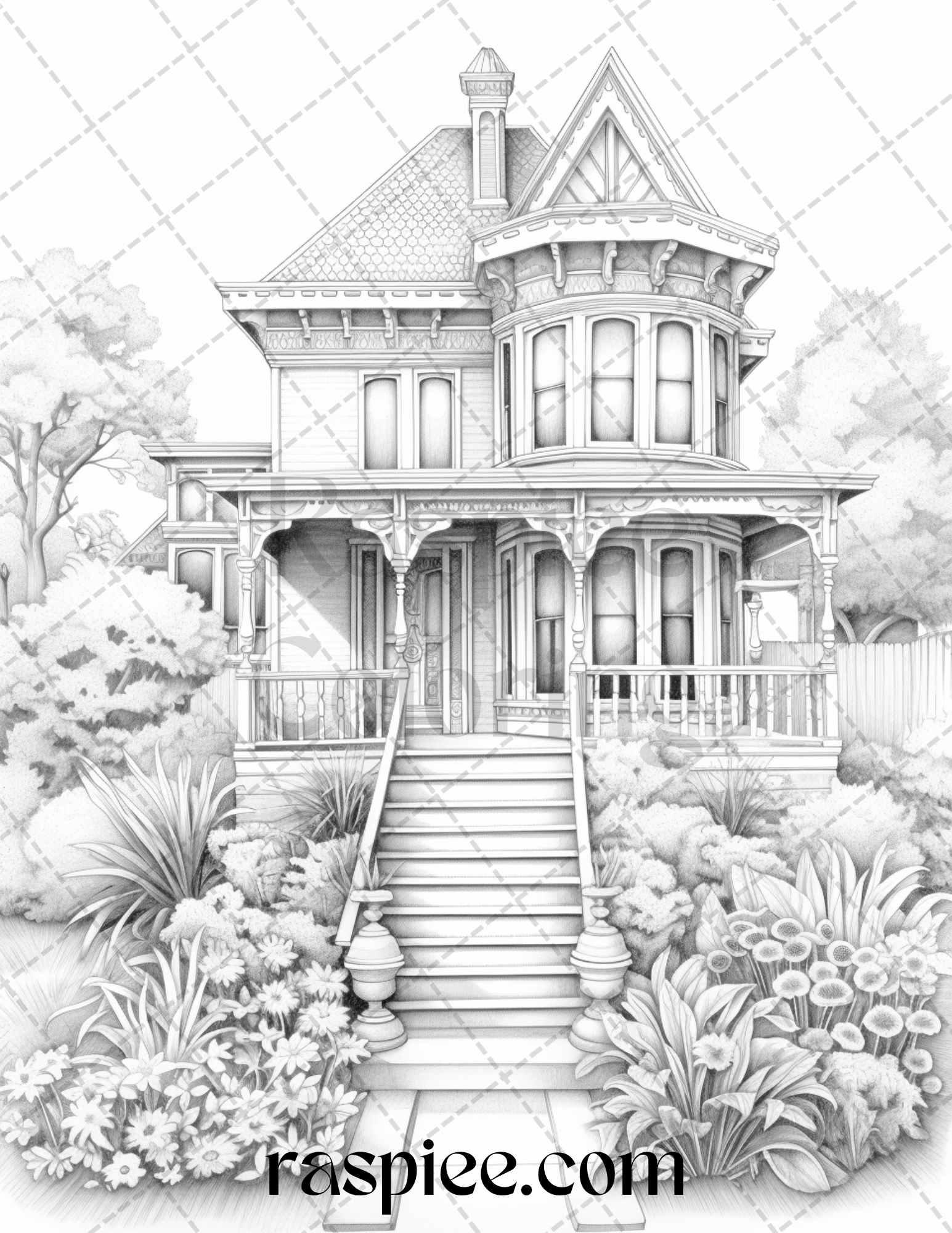 40 Victorian Houses Grayscale Coloring Pages Printable for Adults, PDF File Instant Download