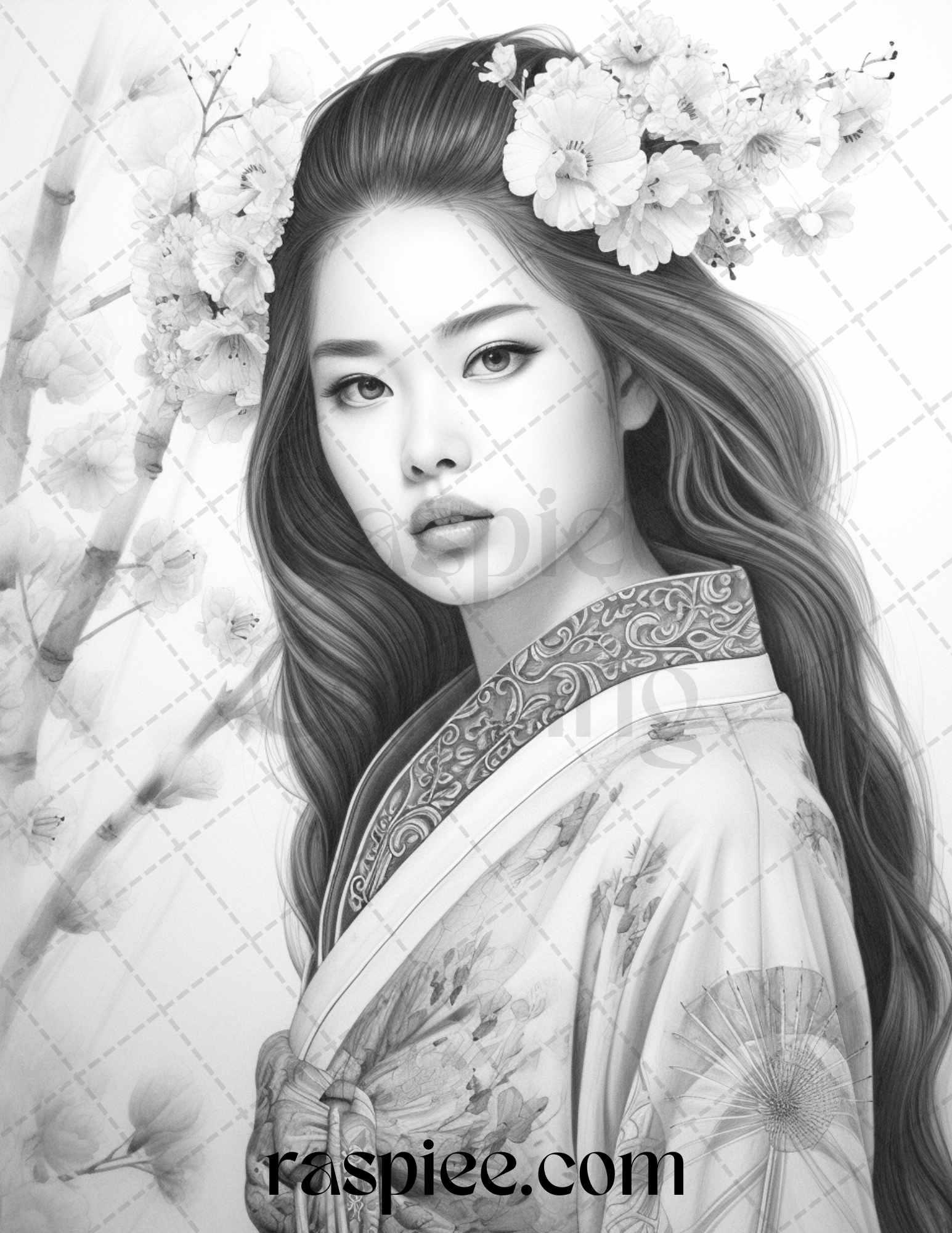 40 Beautiful Japanese Girls Grayscale Coloring Pages Printable for Adults, PDF File Instant Download