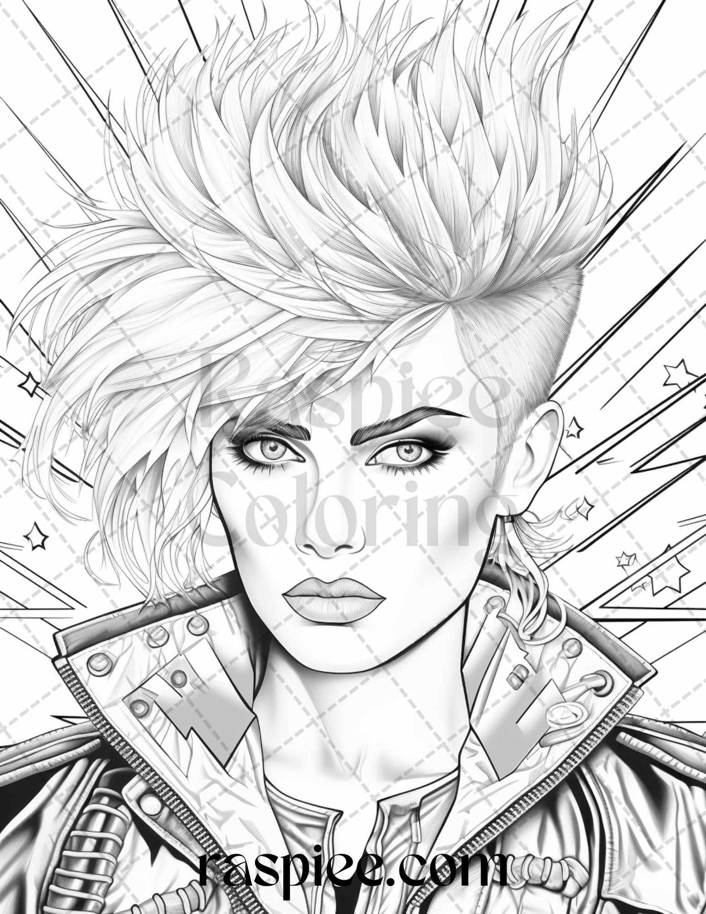 1980s New Wave Pop Star Grayscale Coloring Pages Printable for Adults, PDF File Instant Download