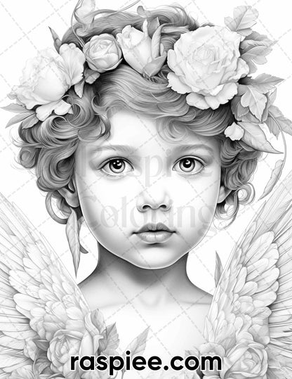 40 Valentine's Day Cupid Grayscale Adult Coloring Pages, Printable PDF Instant Download