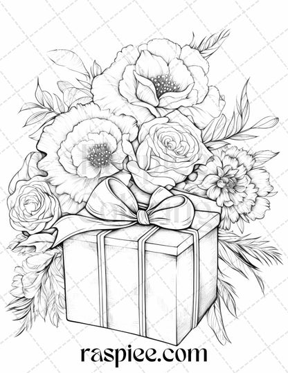 40 Flower Gift Box Grayscale Coloring Pages Printable for Adults Kids, PDF File Instant Download