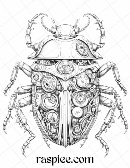 42 Steampunk Bugs Grayscale Coloring Pages Printable for Adults, PDF File Instant Download