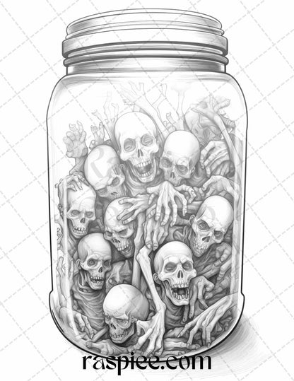 40 Halloween in Jar Grayscale Coloring Pages for Adults, Printable PDF File Instant Download