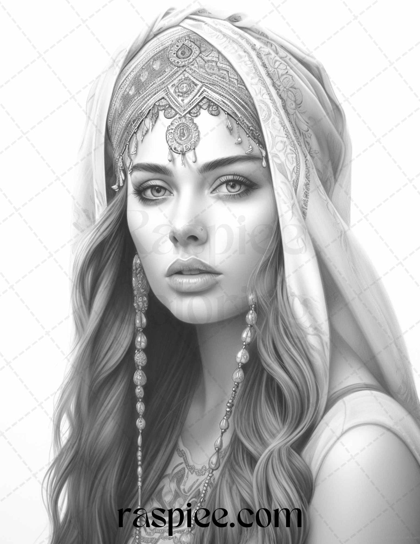 40 Beautiful Gypsy Girls Grayscale Coloring Pages Printable for Adults, PDF File Instant Download