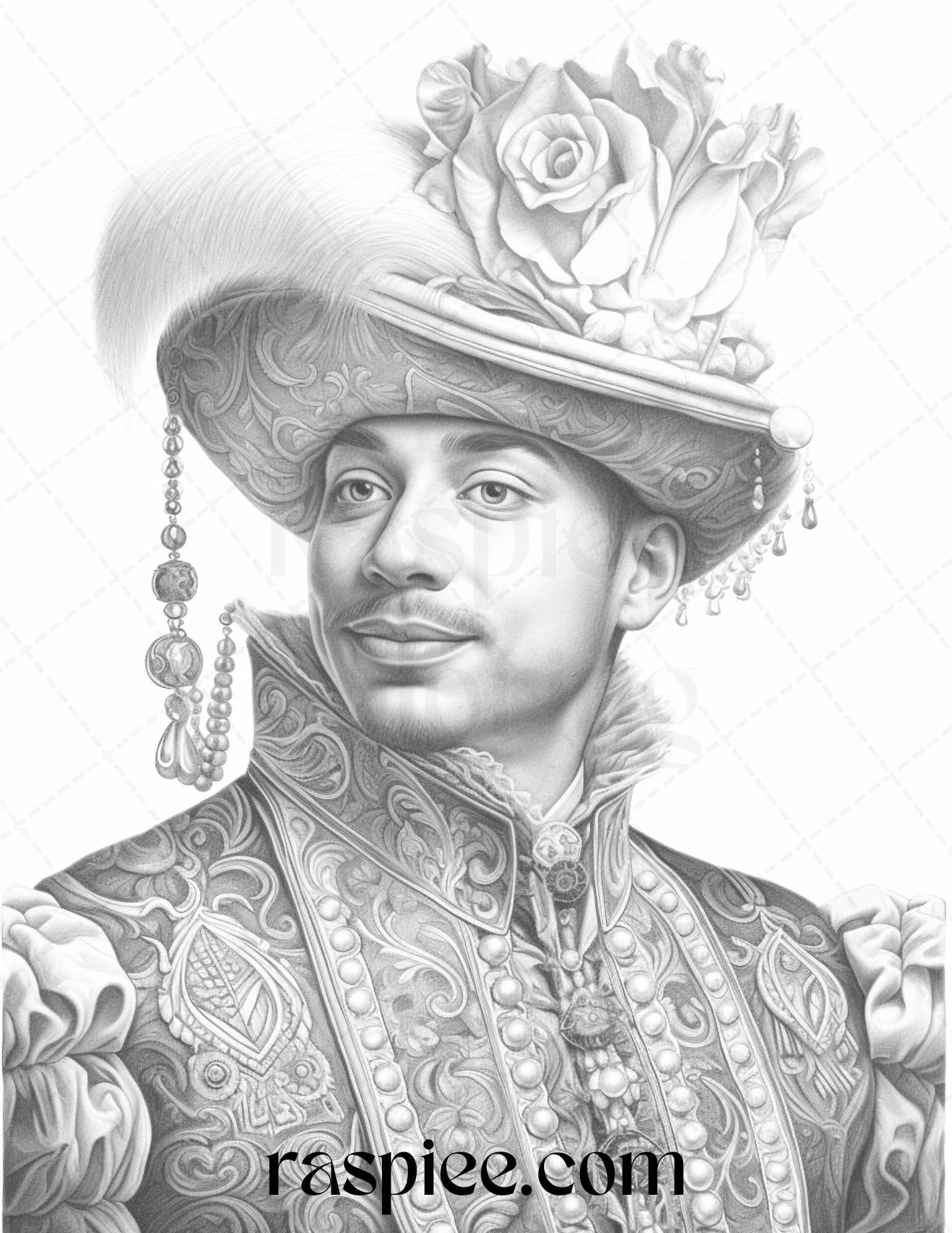 50 Baroque Man Portrait Grayscale Graysale Coloring Pages Printable for Adults, PDF File Instant Download