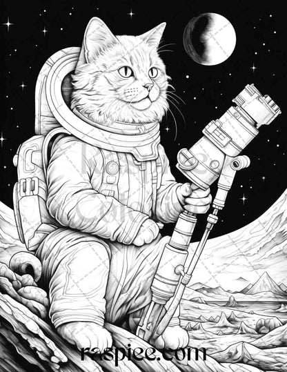 40 Cat Astronaut Grayscale Coloring Pages Printable for Adults Kids, PDF File Instant Download