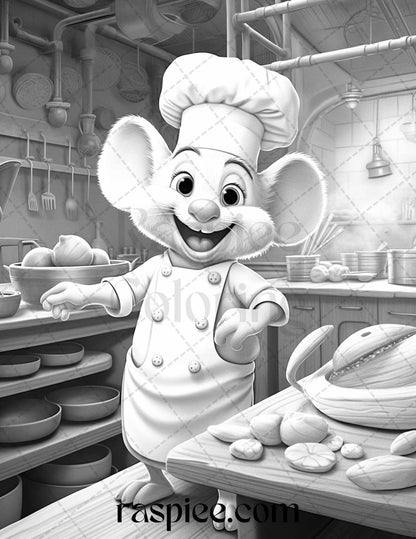 45 Mouse Chef Grayscale Coloring Pages Printable for Adults, PDF File Instant Download