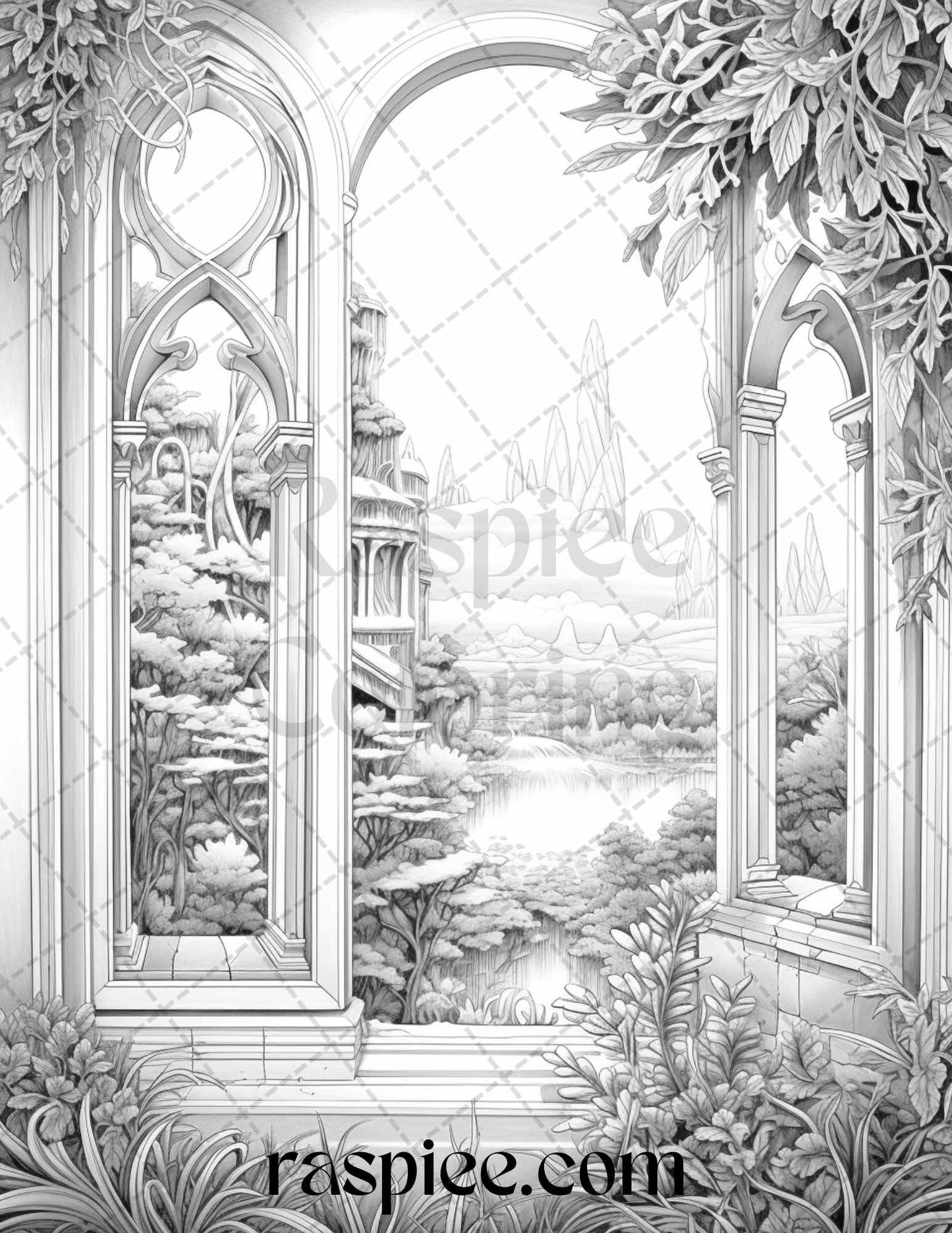 40 Window to Fantasy Worlds Grayscale Coloring Pages Printable for Adults, PDF File Instant Download