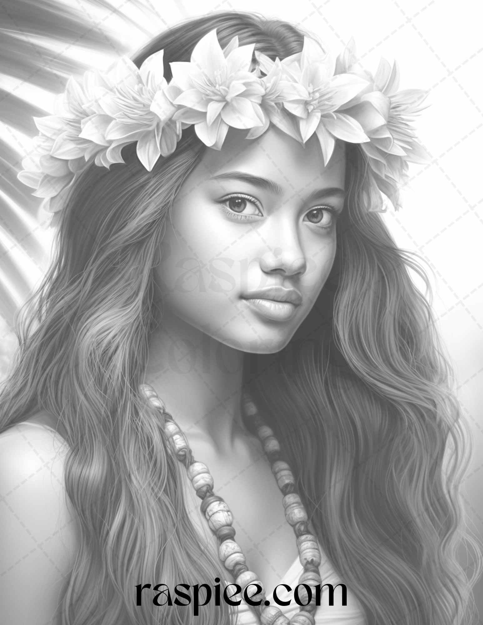 40 Hawaiian Girls Grayscale Coloring Pages Printable for Adults, PDF File Instant Download