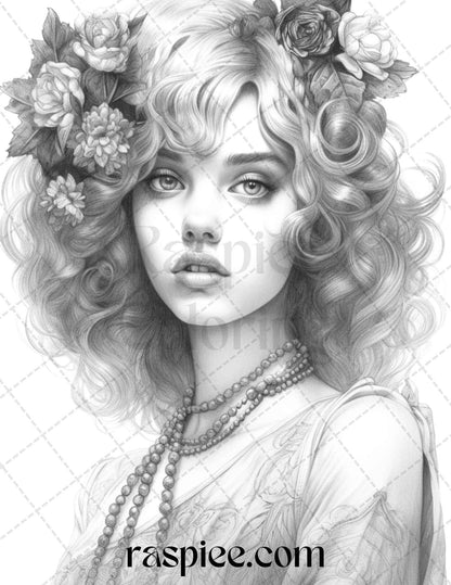 40 Beautiful Gatsby Girls Grayscale Coloring Pages Printable for Adults, PDF File Instant Download