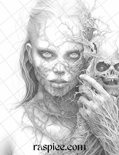 40 Scary Zombie Girls Grayscale Coloring Pages Printable for Adults, PDF File Instant Download