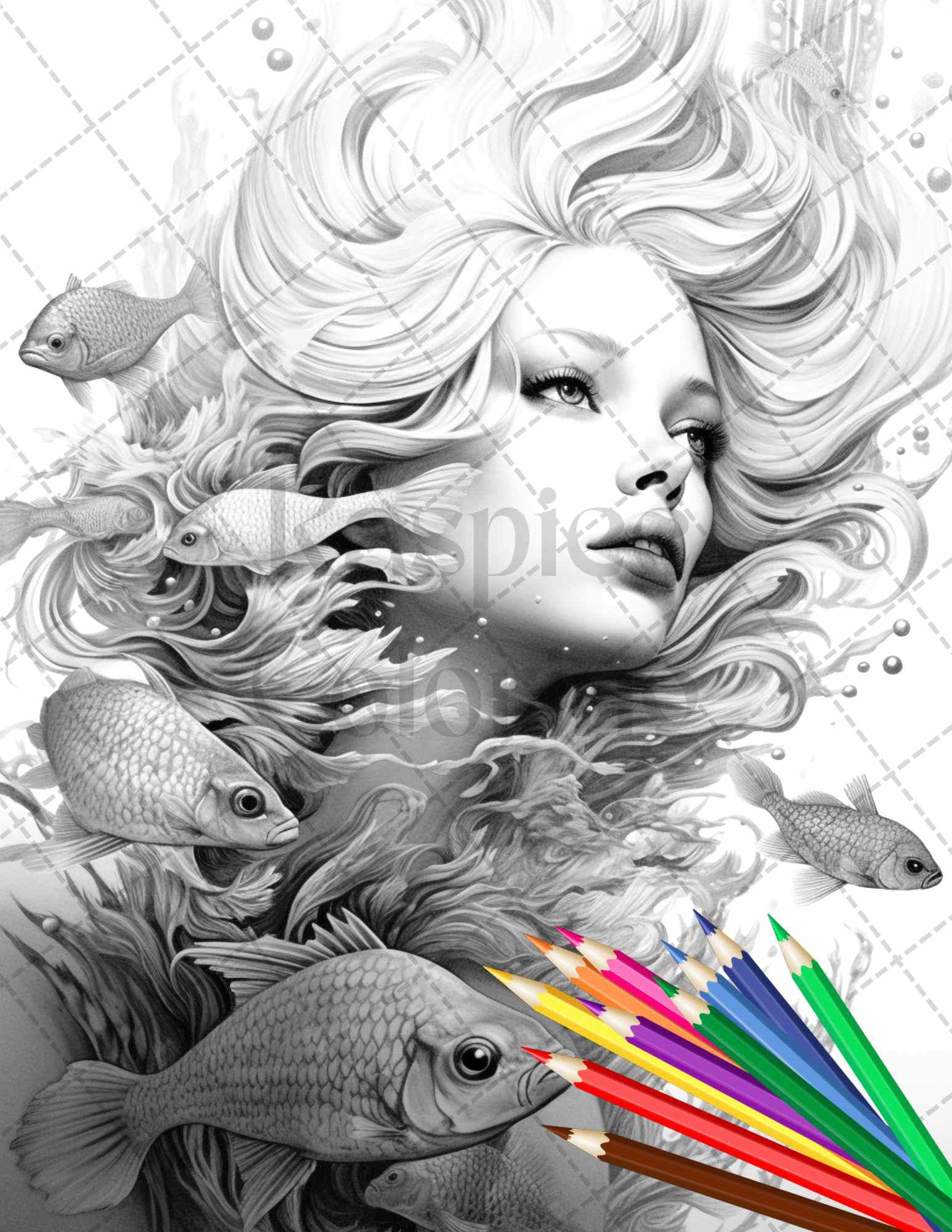 40 Enchanted Mermaid Grayscale Coloring Pages Printable for Adults, PDF File Instant Download