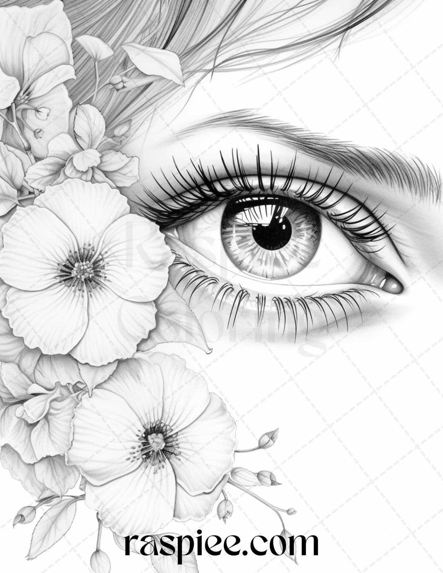 40 Charming Eyes Grayscale Coloring Pages Printable for Adults, PDF File Instant Download