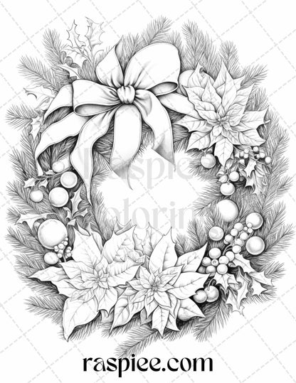 40 Christmas Wreath Grayscale Coloring Pages Printable for Adults, PDF File Instant Download