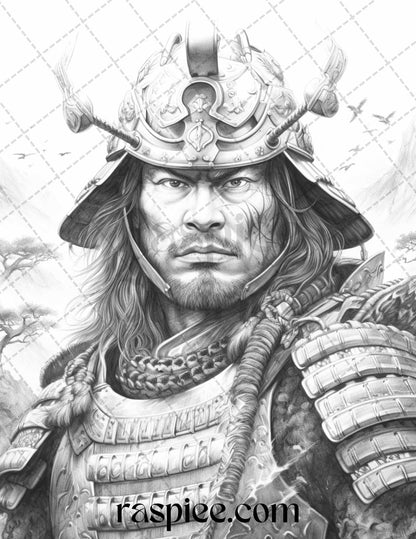 42 Japanese Samurai Grayscale Coloring Pages for Adults, Printable PDF File Instant Download