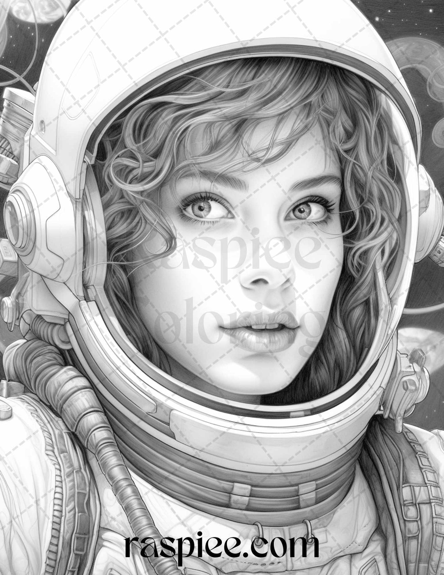 50 Astronaut Girl Portrait Grayscale Coloring Pages Printable for Adults, PDF File Instant Download