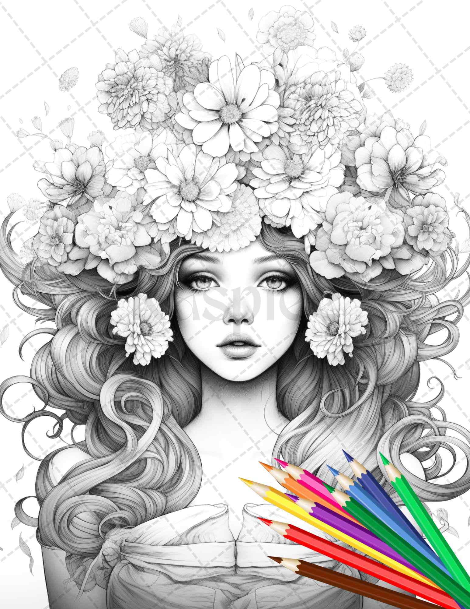 38 Flower Goddess Coloring Pages Printable for Adults, Grayscale Coloring Page, PDF File Instant Download