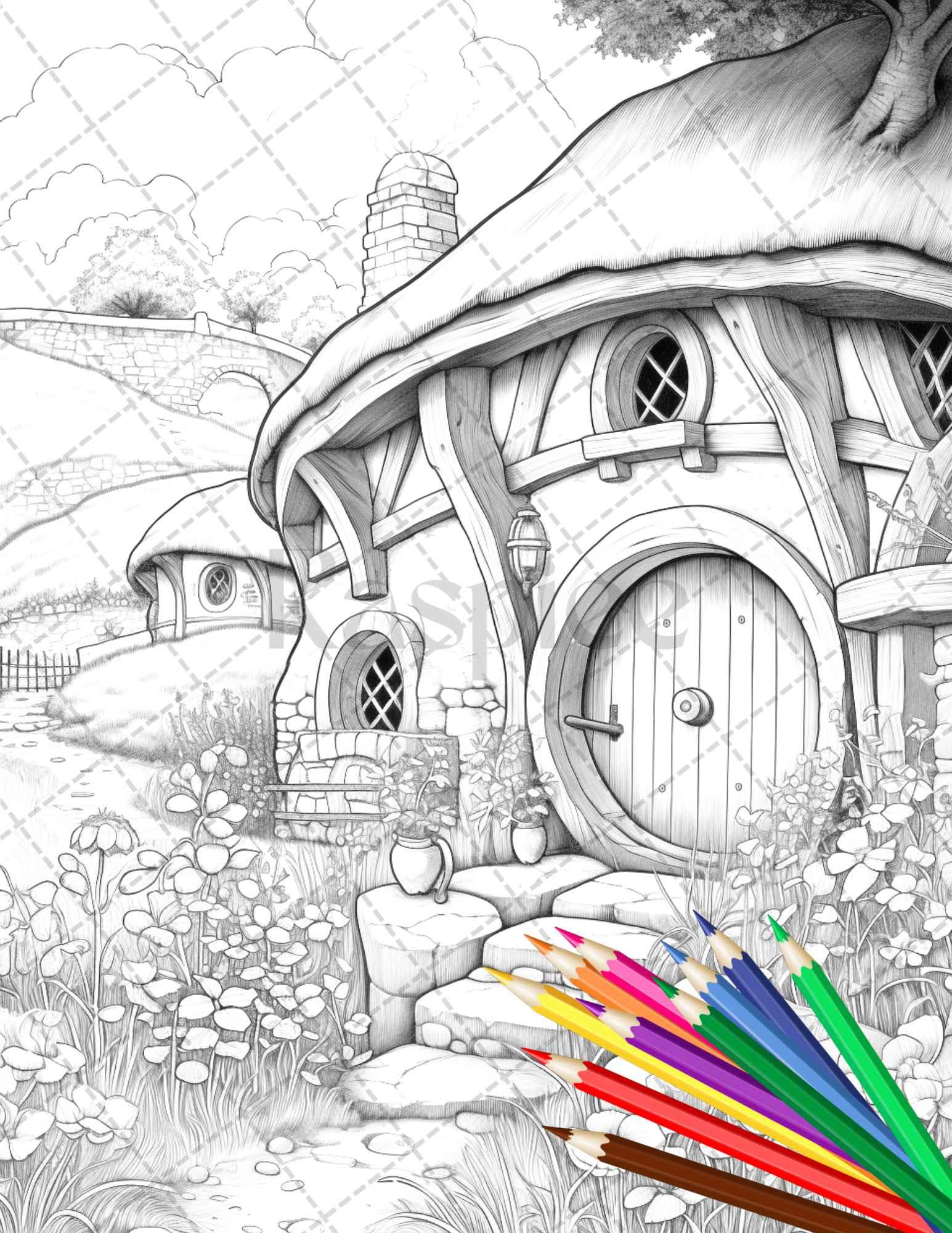 43 Enchanted Hobbiton Houses Grayscale Coloring Pages Printable for Adults, PDF File Instant Download