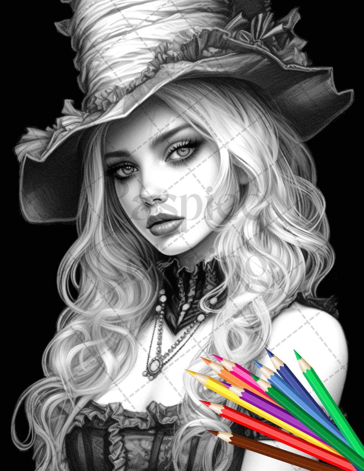 40 Beautiful Gothic Girls Grayscale Coloring Pages Printable for Adults, PDF File Instant Download