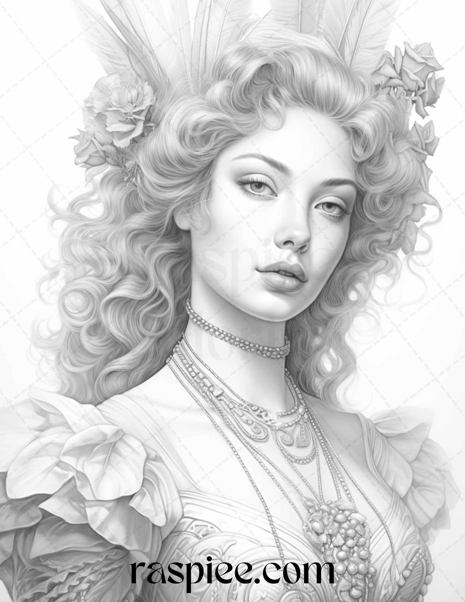 40 Baroque Women Portrait Grayscale Adult Coloring Pages Printable, PDF File Instant Download