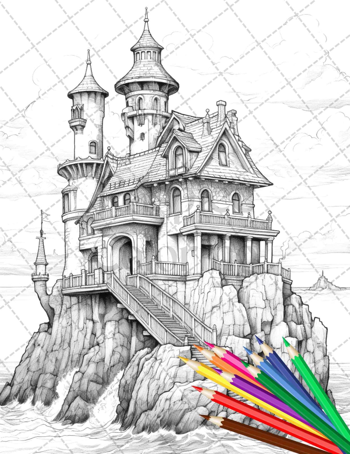 40 Creepy Gothic Houses Grayscale Coloring Pages Printable for Adults, PDF File Instant Download