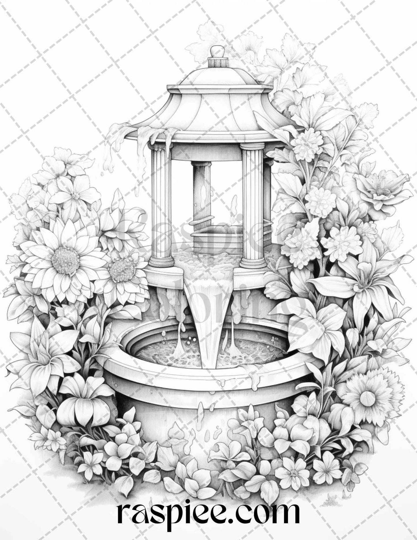 40 Whimsical Wishing Wells Grayscale Coloring Pages Printable for Adults, PDF File Instant Download