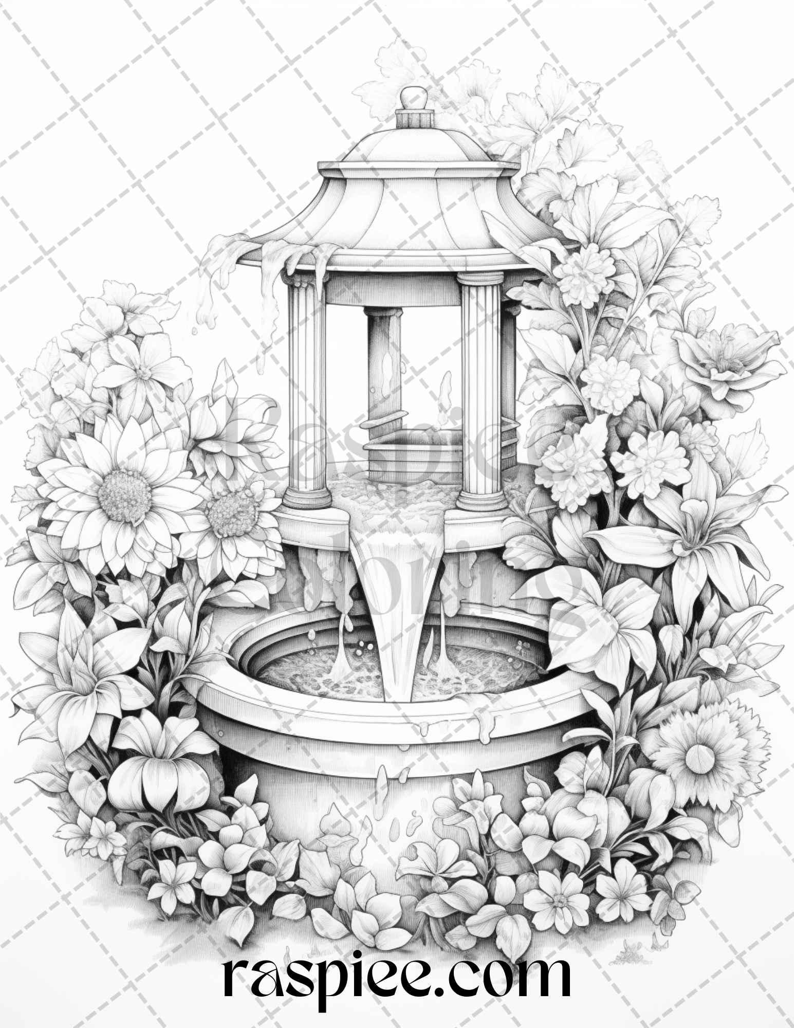 40 Whimsical Wishing Wells Grayscale Coloring Pages Printable for Adults, PDF File Instant Download