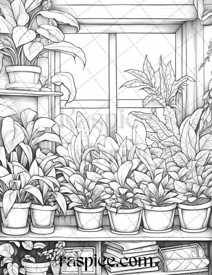 40 Window Plants Grayscale Coloring Pages Printable for Adults, PDF File Instant Download