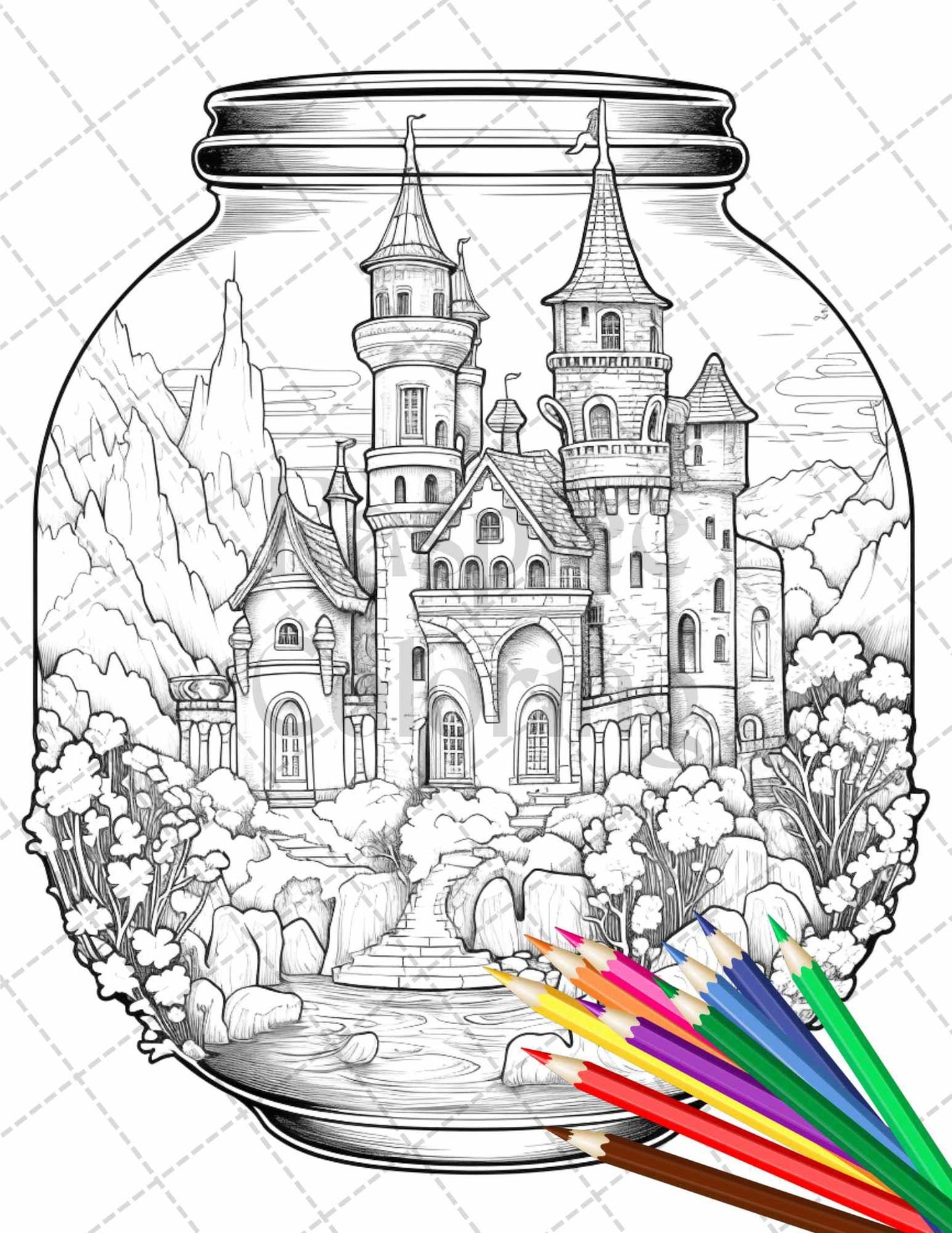 42 Fantasy Castle In Jar Grayscale Coloring Pages Printable for Adults, PDF File Instant Download