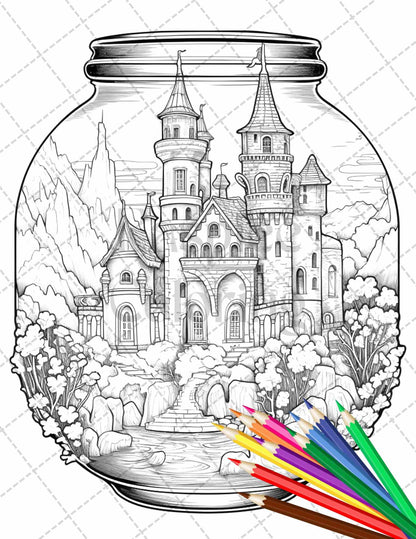 42 Fantasy Castle In Jar Grayscale Coloring Pages Printable for Adults, PDF File Instant Download