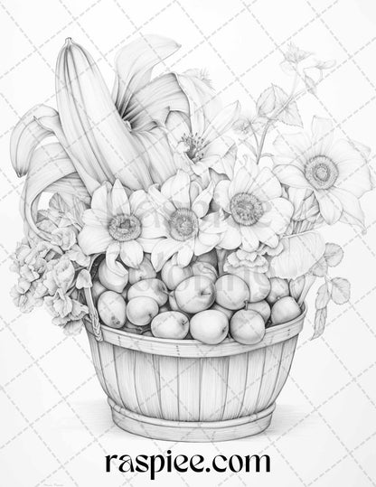 40 Fruit Basket Grayscale Coloring Pages Printable for Adults, PDF File Instant Download